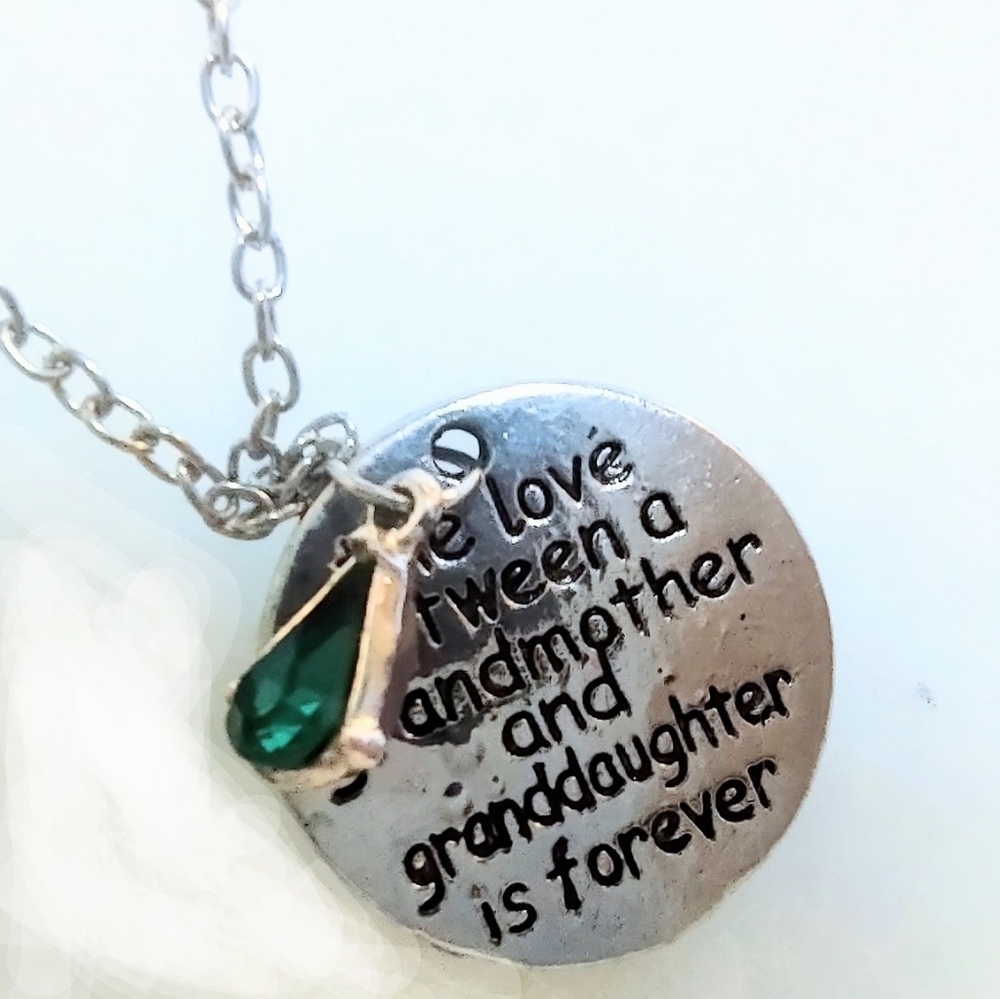 Grandmother Granddaughter Round Pendant w/Emerald Teardrop